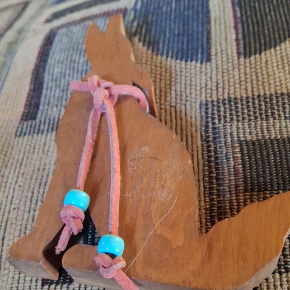 Other - Wooden Coyote Wolf Ornament with Pink Suede Ties and Turquoise Beads